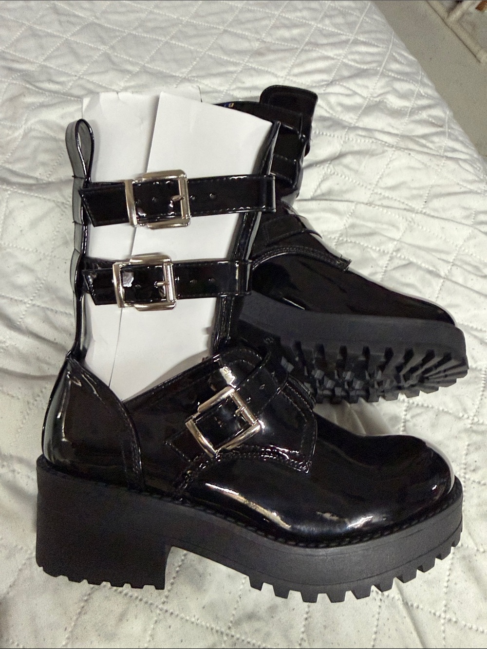 Size 8 Black Patent Platform Strap Boots - Women